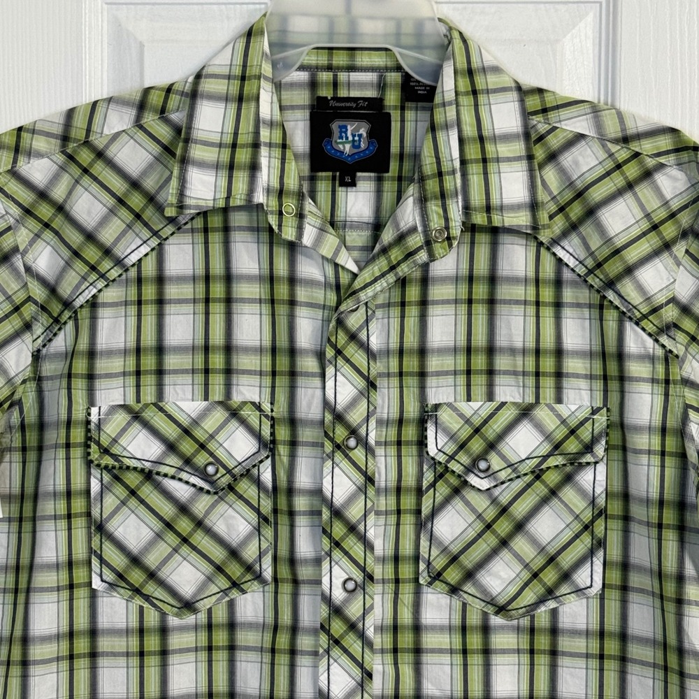 RU University Fit Plaid Western‎ Shirt Short Sleeve Pearl Snap Mens XL Rodeo